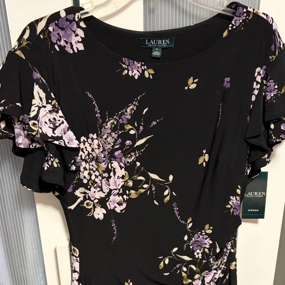 New with Tags Lauren Ralph Lauren Black Purple Floral Dress Stretchy Size 10 - Picture 2 of 4